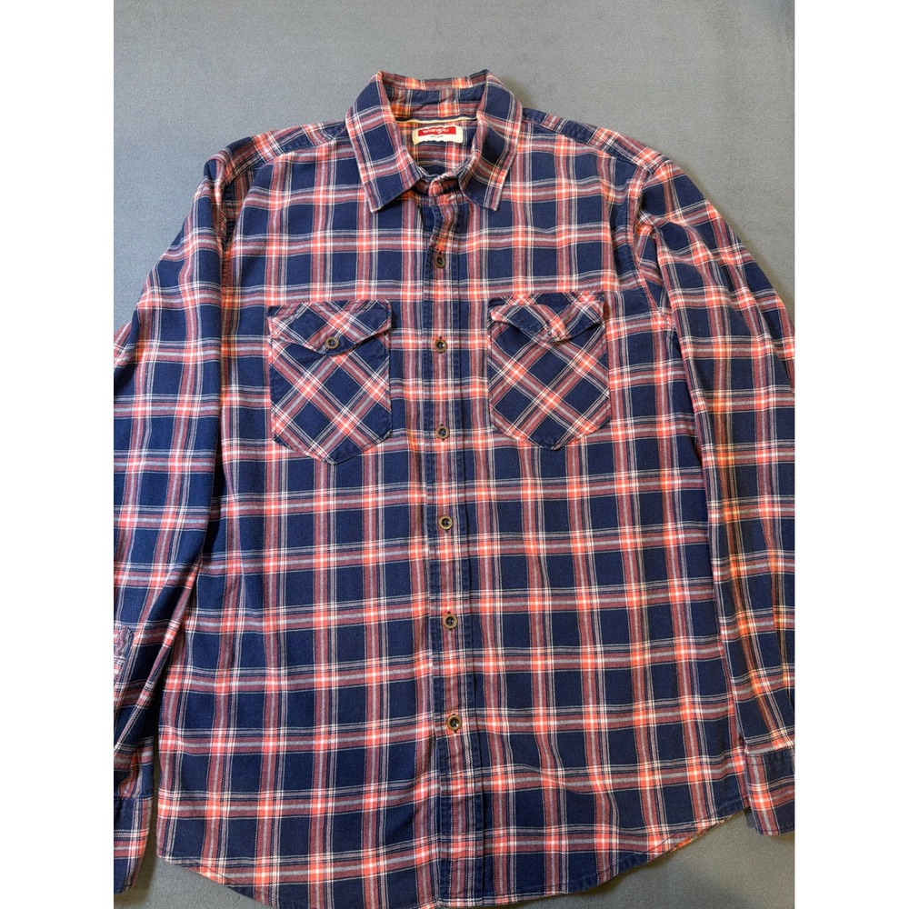 Wrangler Mens Plaid Button Up Shirt Medium Navy Red Stretch Flannel Workwear